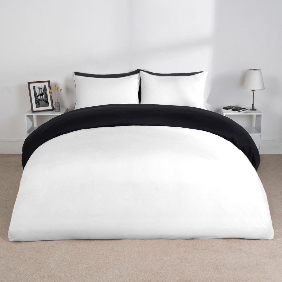 OHS Reversible Duvet Cover Set, White Black - Single>