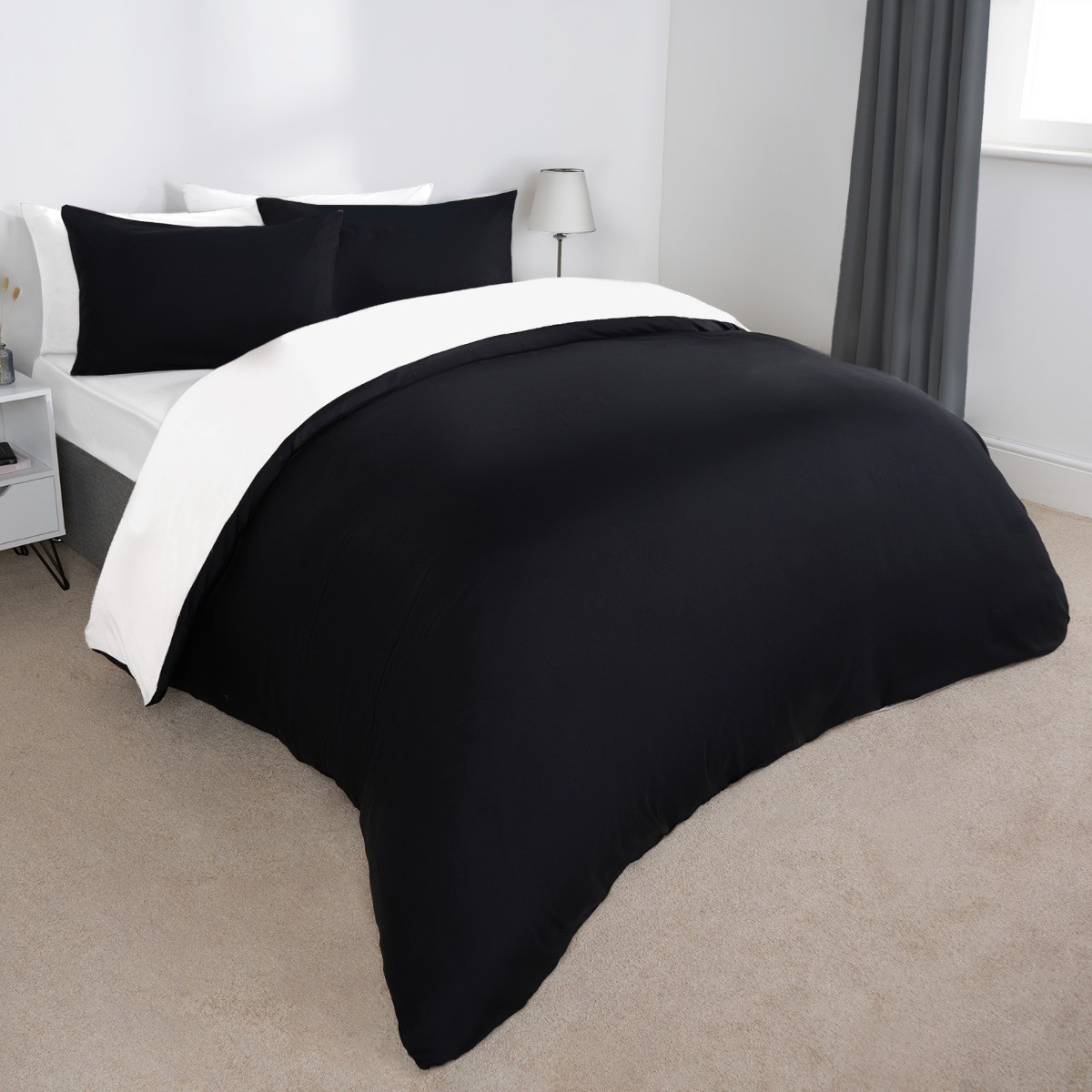 OHS Reversible Duvet Cover Set, White Black - Single>
