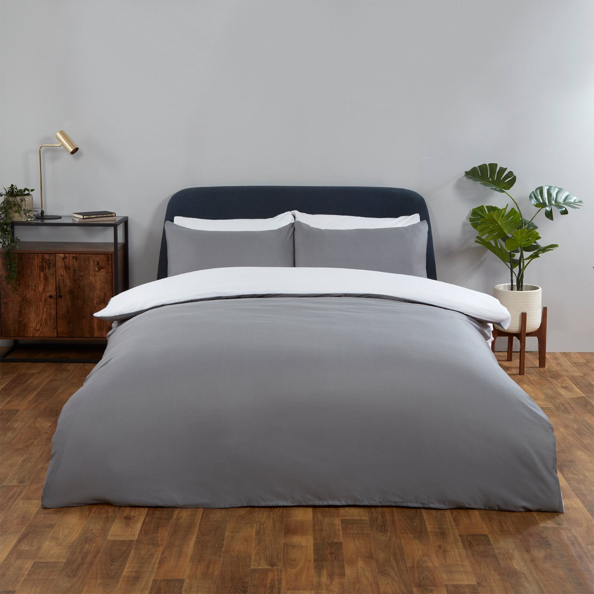 OHS Reversible Duvet Cover Set, White Grey - Single>