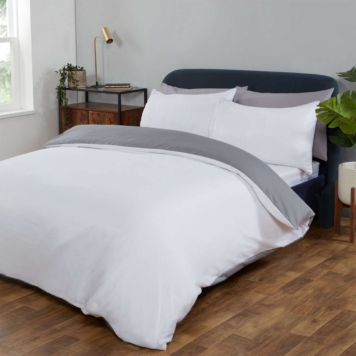 OHS Reversible Duvet Cover Set, White Grey - Single>