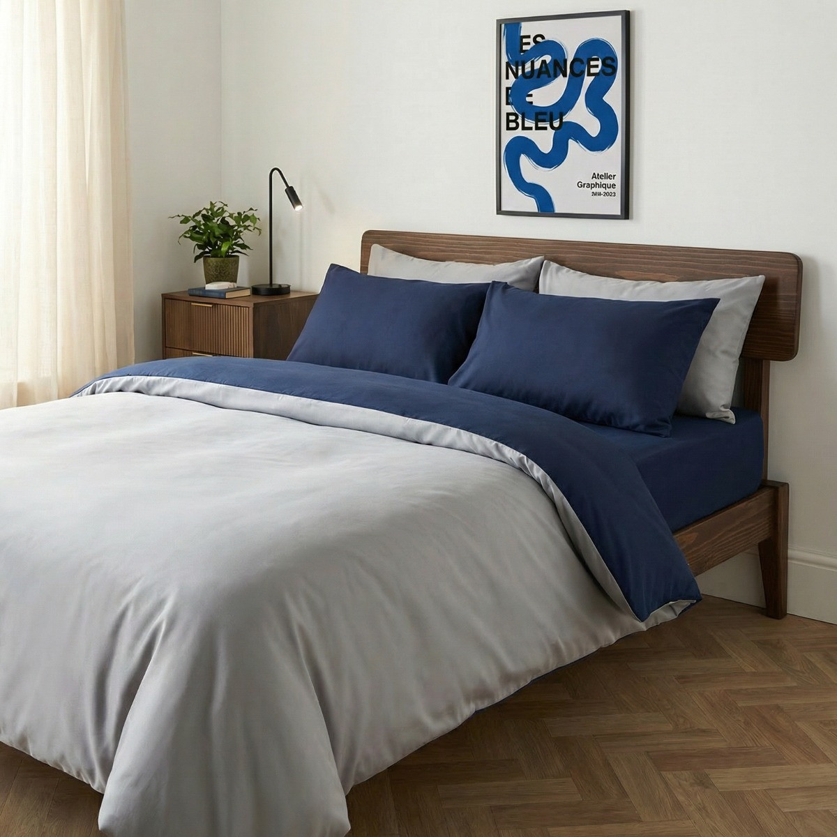 OHS Reversible Duvet Cover Set - Navy/Grey>