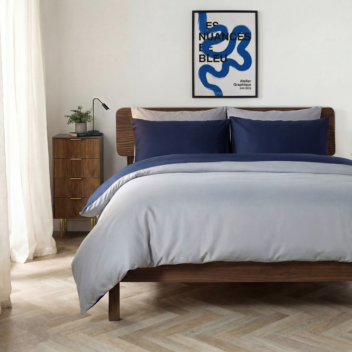 OHS Reversible Duvet Cover Set, Navy/Grey - Double>