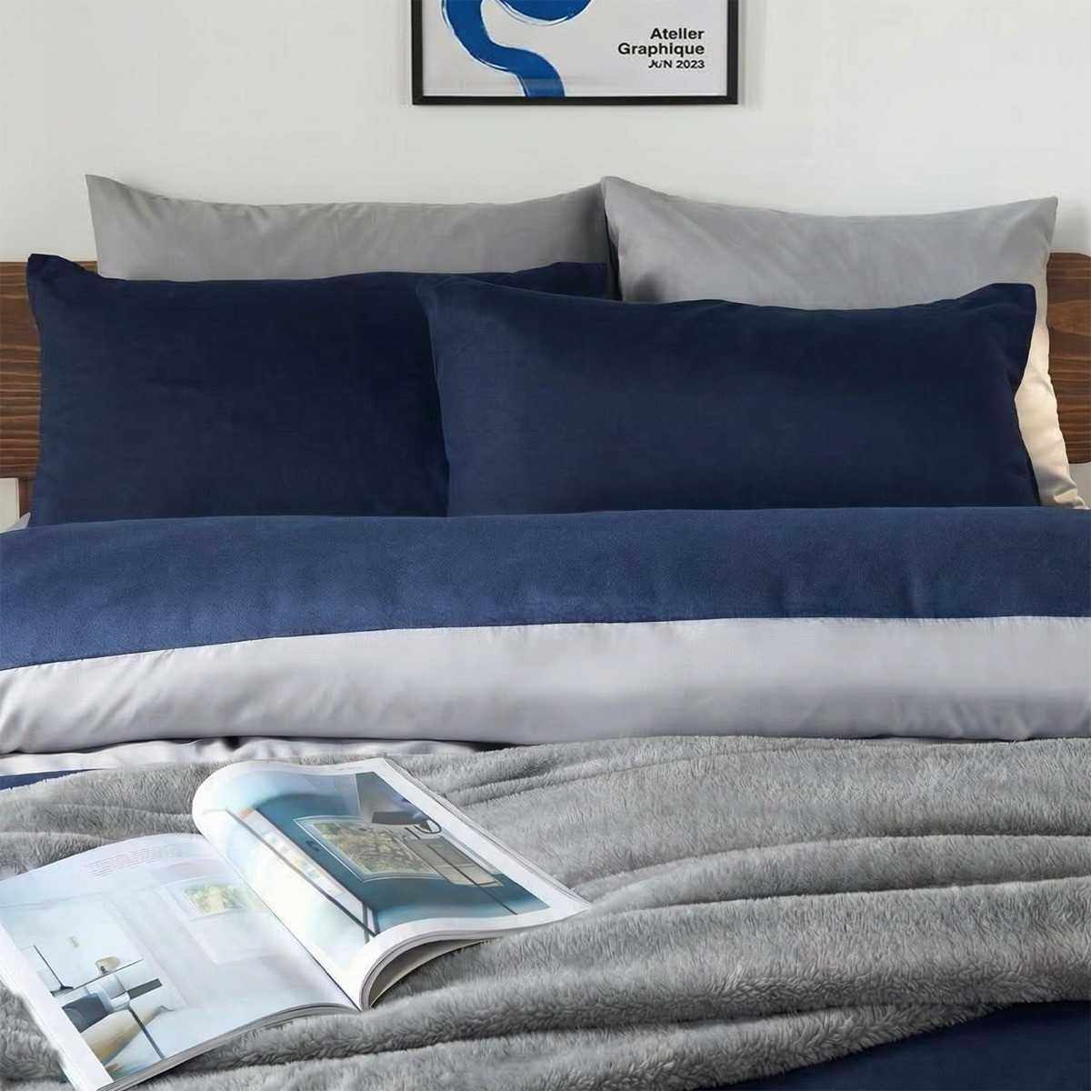 OHS Reversible Duvet Cover Set, Navy/Grey - Double>
