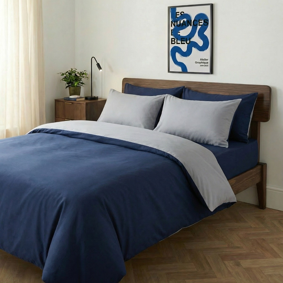 OHS Reversible Duvet Cover Set - Navy/Grey>