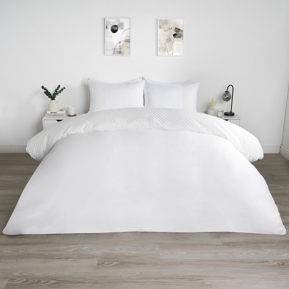 OHS Pinsonic Grid Panel Duvet Set, White - Double>