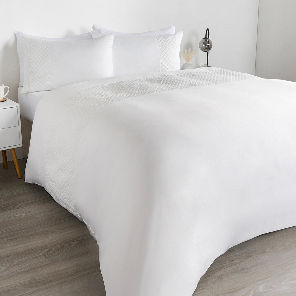 OHS Pinsonic Grid Panel Duvet Set, White - Double>