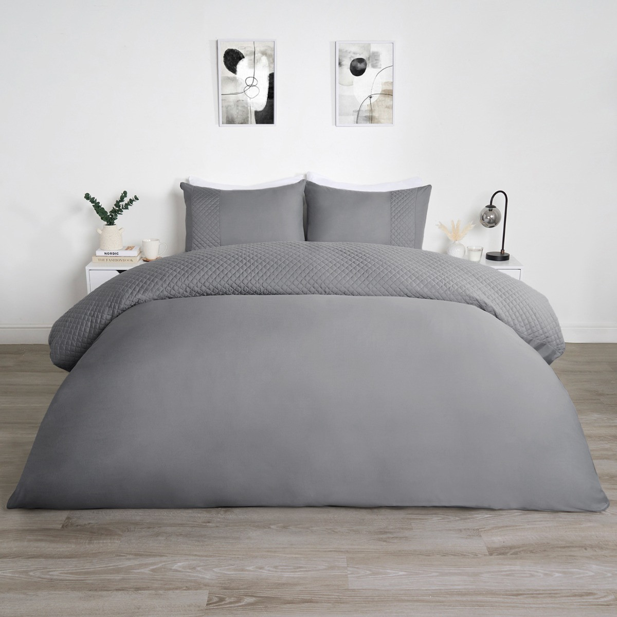 OHS Pinsonic Grid Panel Duvet Set, Charcoal - Double>