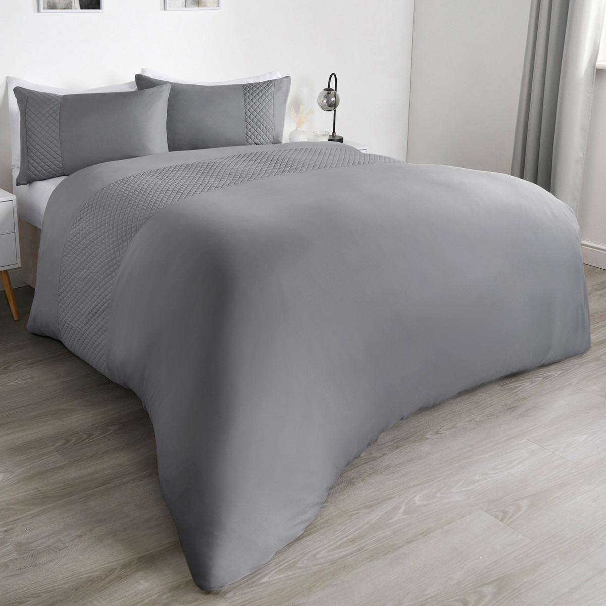 OHS Pinsonic Grid Panel Duvet Set, Charcoal - Double>