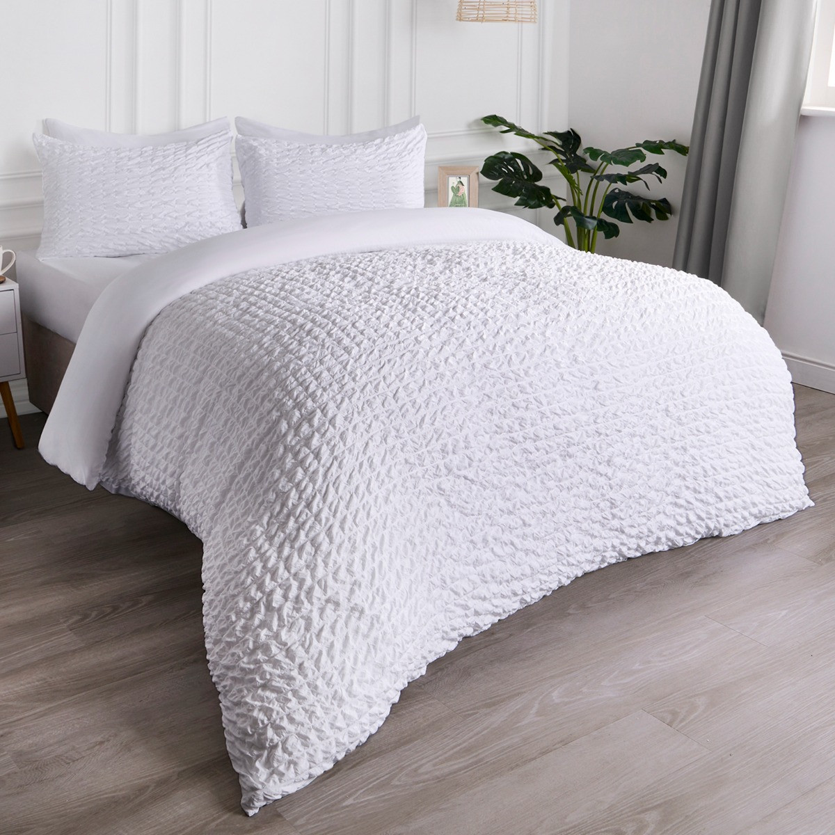 OHS Geometric Seersucker Duvet Set, White - King>