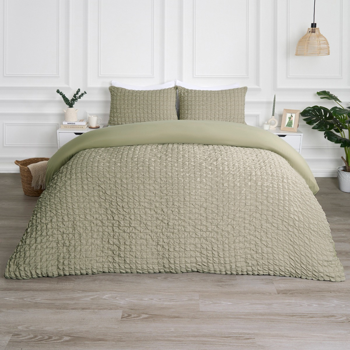 OHS Geometric Seersucker Duvet Set, Sage - Double>
