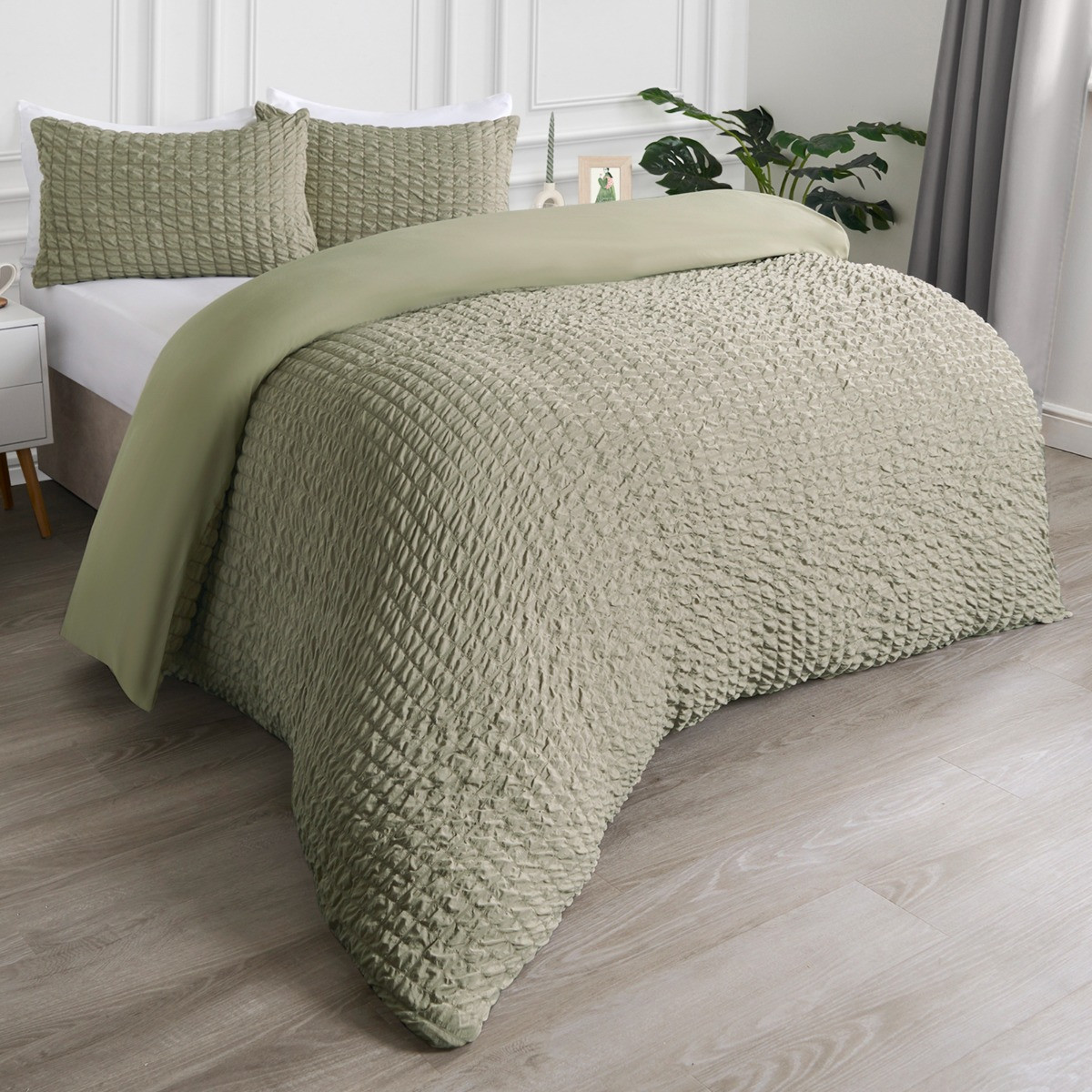 OHS Geometric Seersucker Duvet Set, Sage - Double>