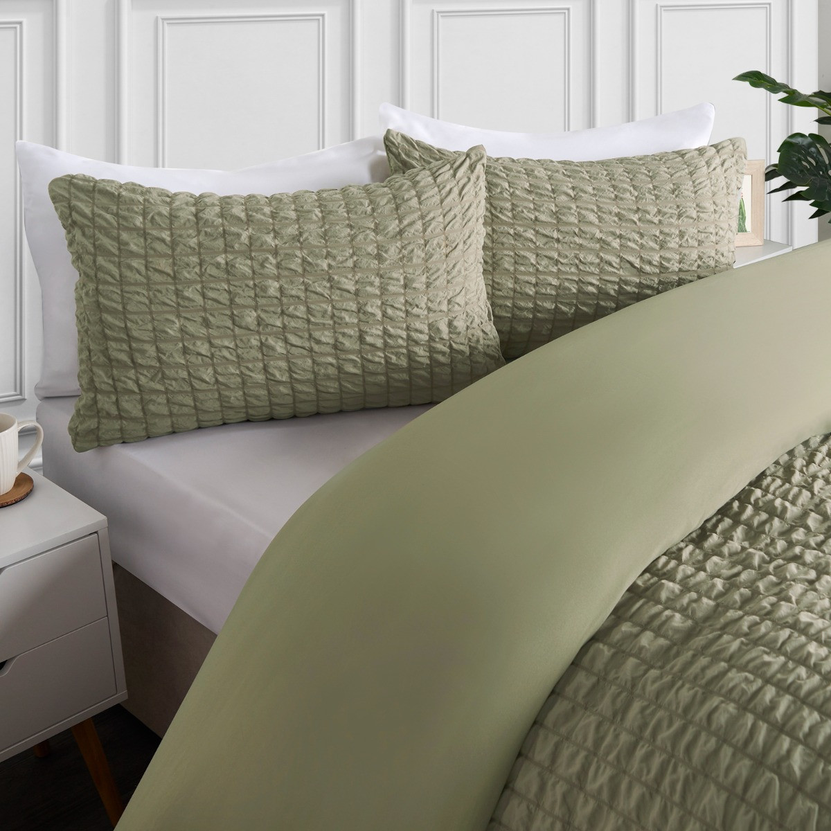 OHS Geometric Seersucker Duvet Set, Sage - Double>