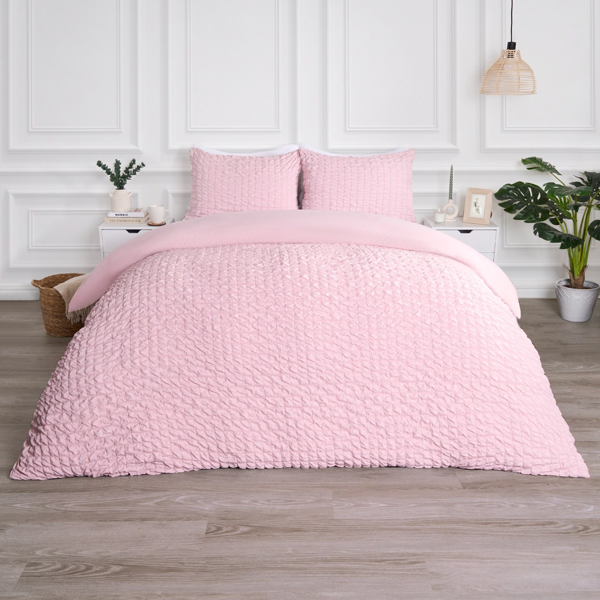 OHS Geometric Seersucker Duvet Set, Blush - King>