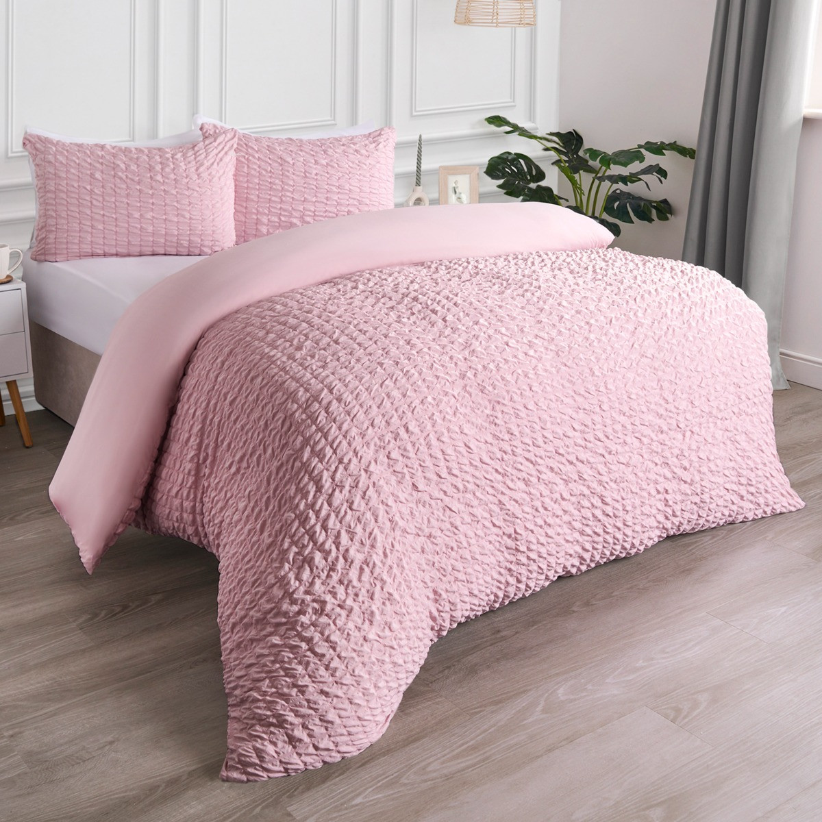 OHS Geometric Seersucker Duvet Set, Blush - King>
