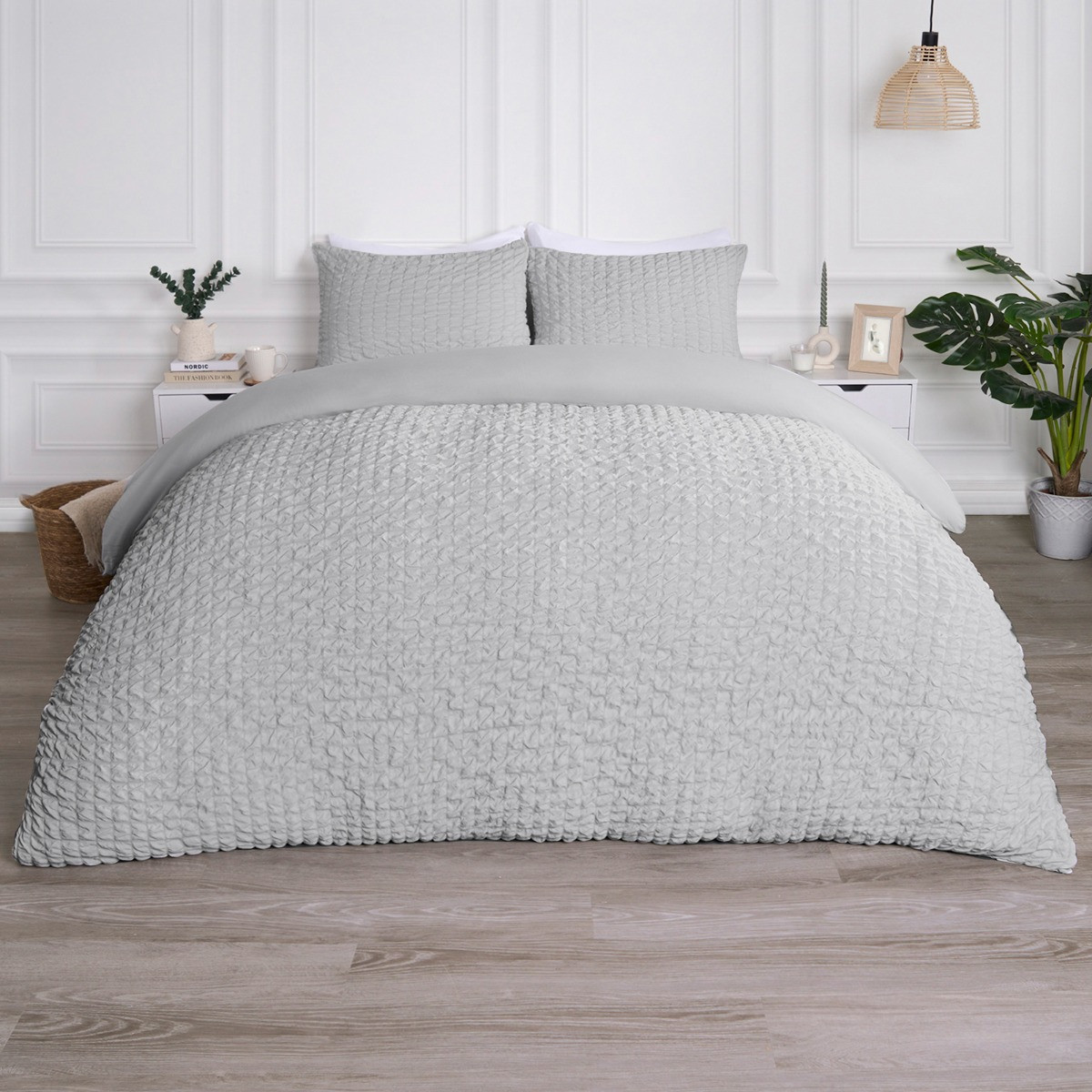 OHS Geometric Seersucker Duvet Set, Grey - Double>