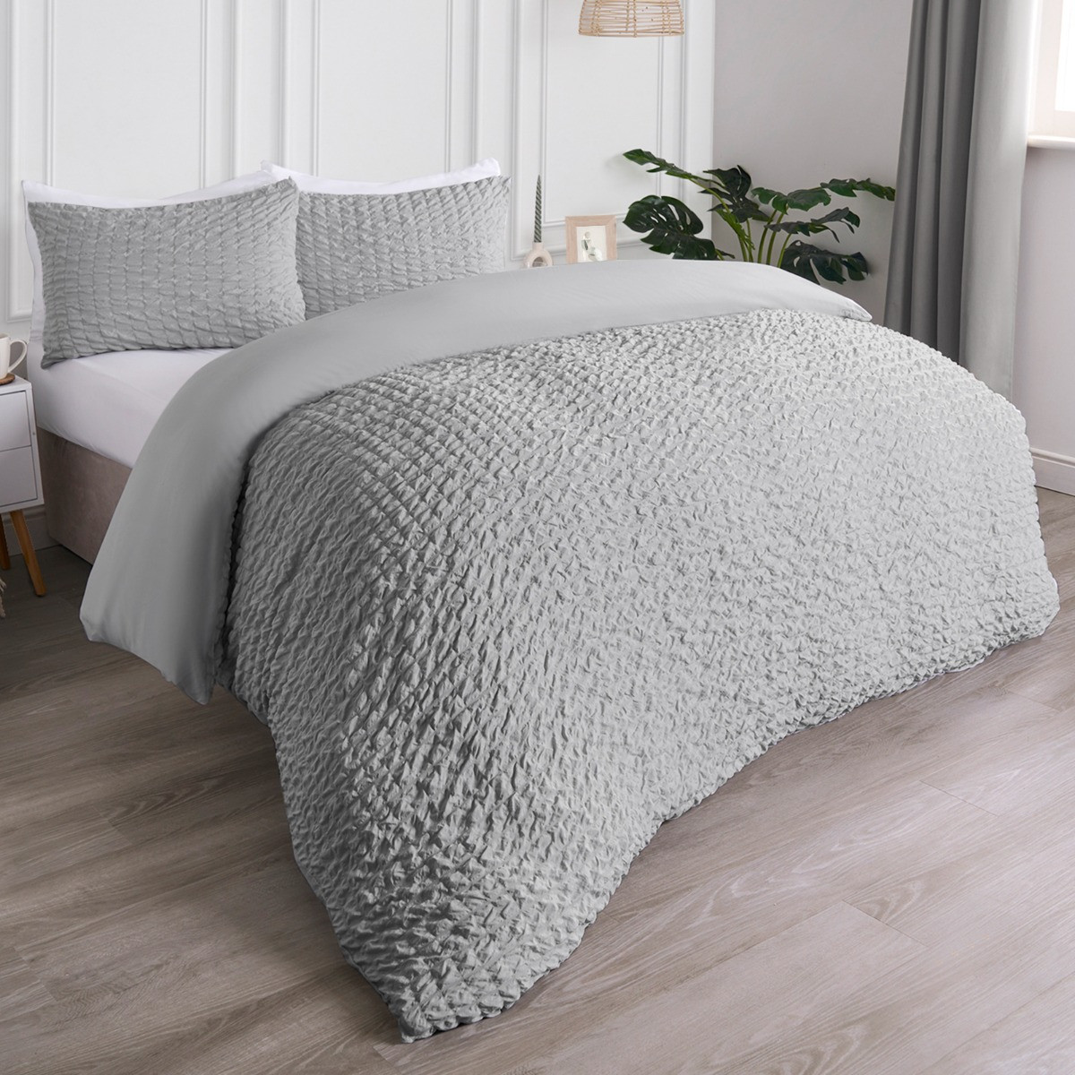 OHS Geometric Seersucker Duvet Set, Grey - Double>