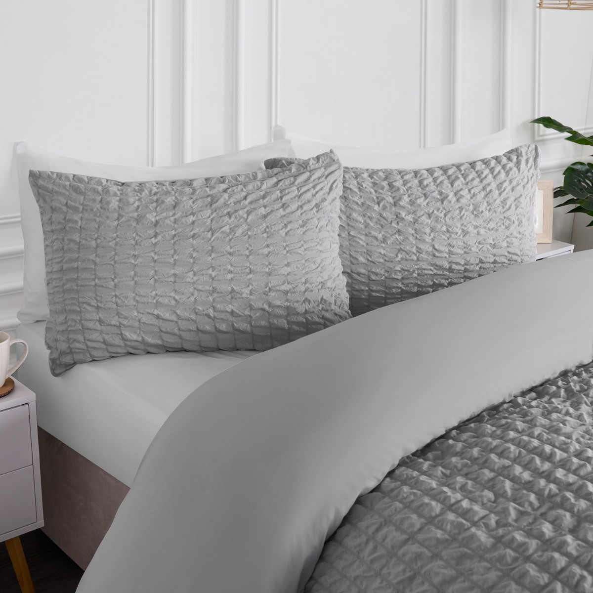 OHS Geometric Seersucker Duvet Set, Grey - King>