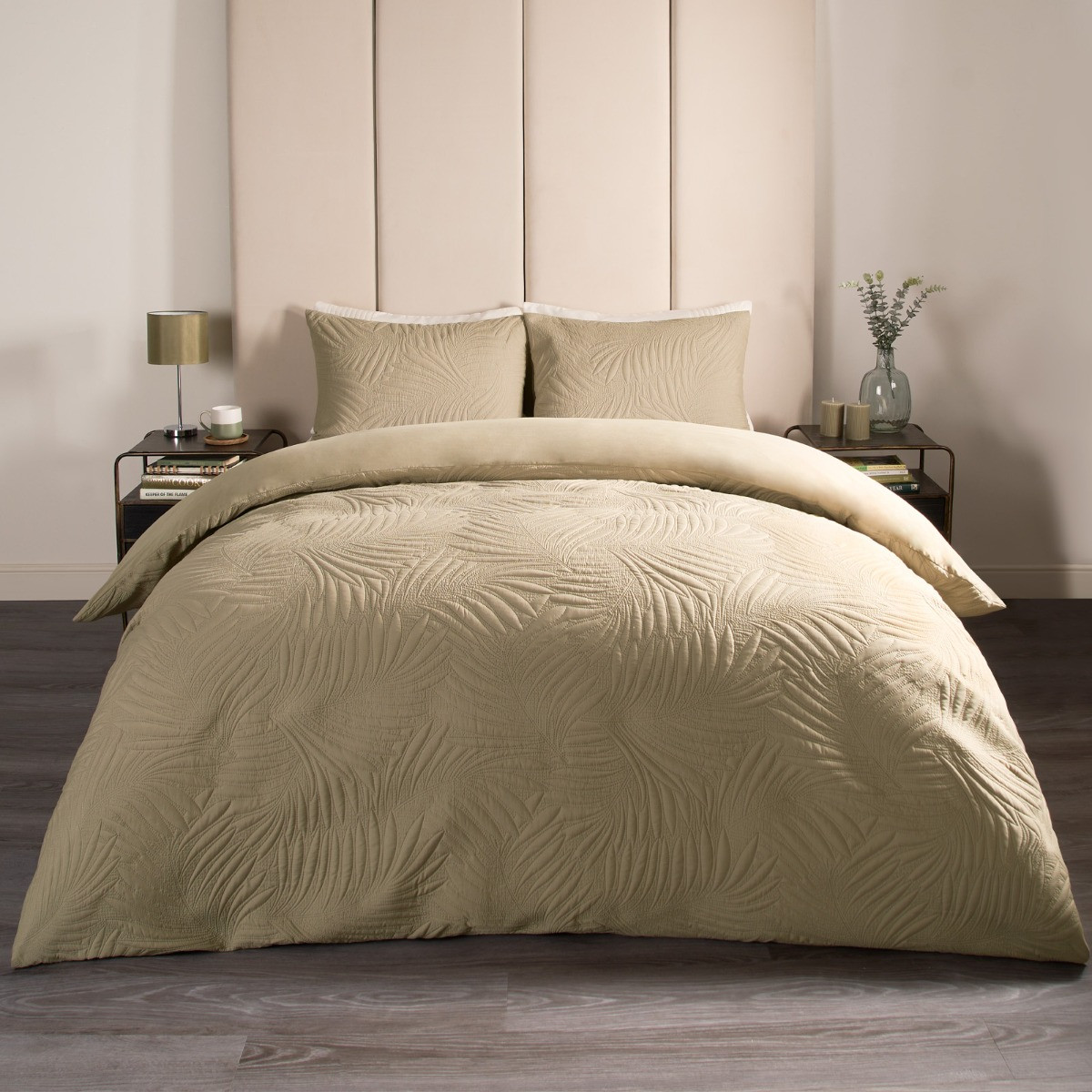 OHS Leaf Quilted Duvet Set, Sage - Superking>