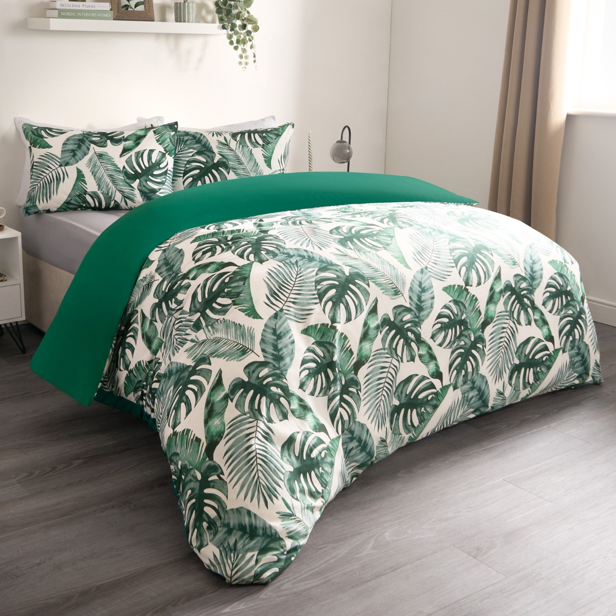 OHS Tropical Leaf Duvet Set, Forest Green - Single>