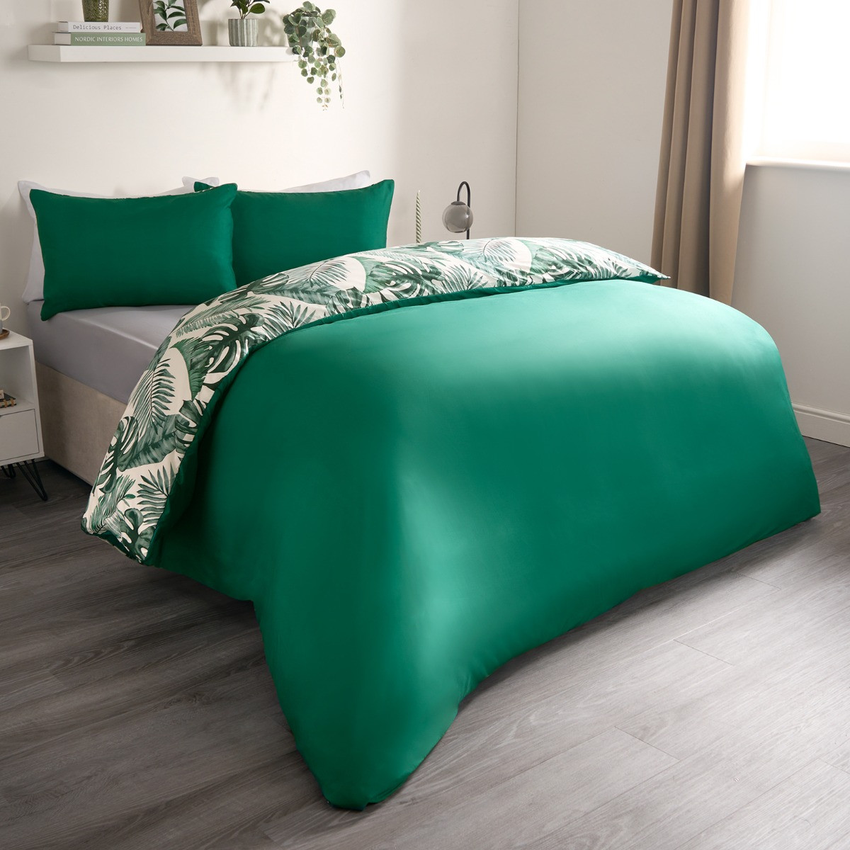 OHS Tropical Leaf Duvet Set, Forest Green - Double>
