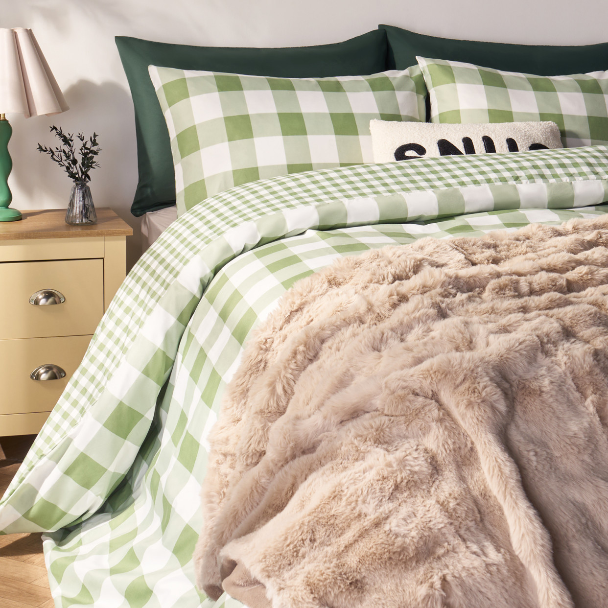 OHS Gingham Duvet Set, Sage - Double>