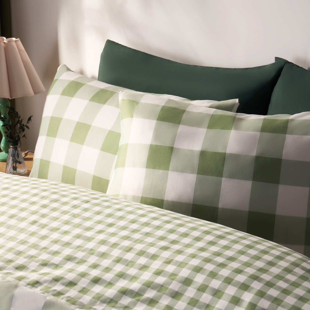OHS Gingham Duvet Set, Sage - Double>
