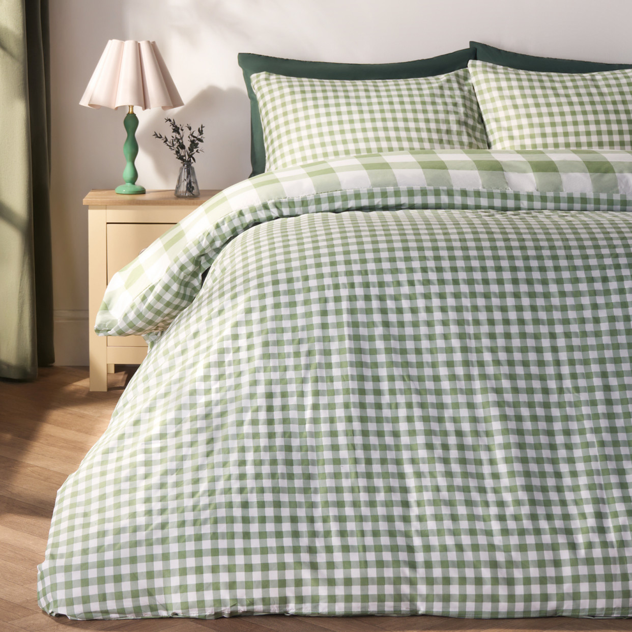OHS Gingham Duvet Set, Sage - Single>