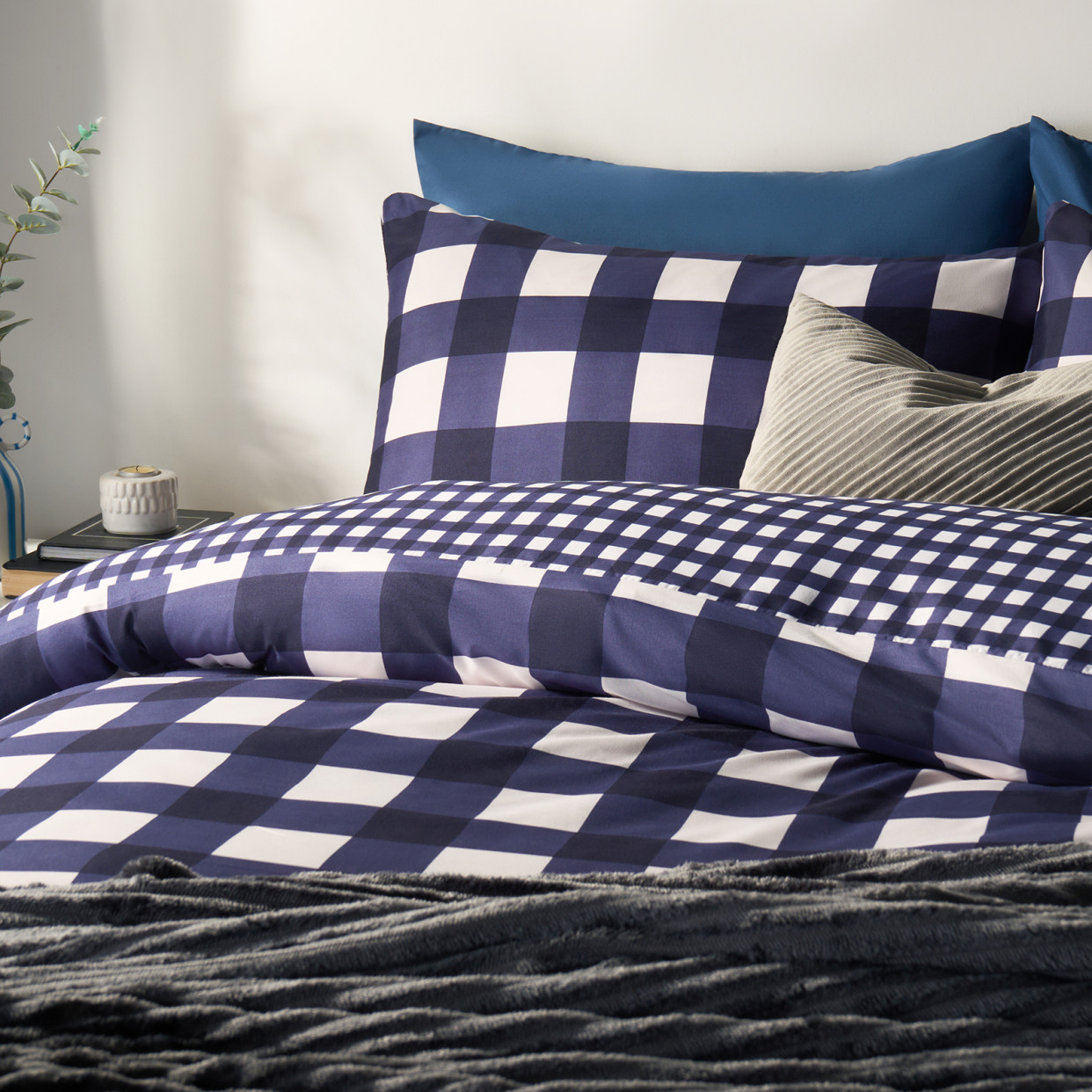 OHS Gingham Duvet Set, Navy - King>