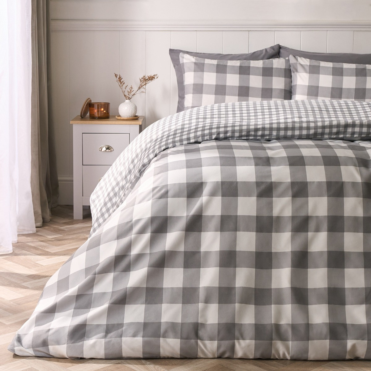OHS Gingham Reversible Duvet Cover Set - Grey>