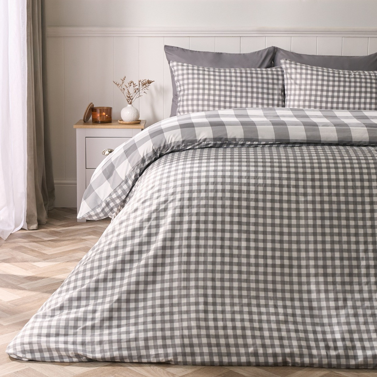 OHS Gingham Duvet Set, Grey - Single>