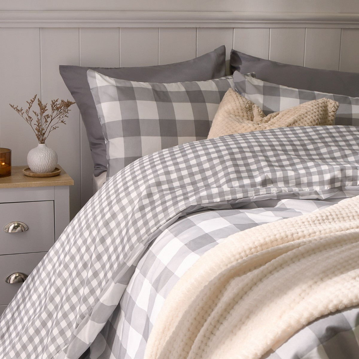 OHS Gingham Duvet Set, Grey - King>