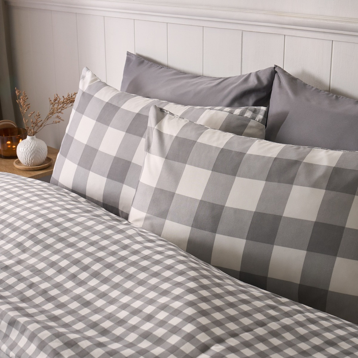 OHS Gingham Duvet Set, Grey - Single>