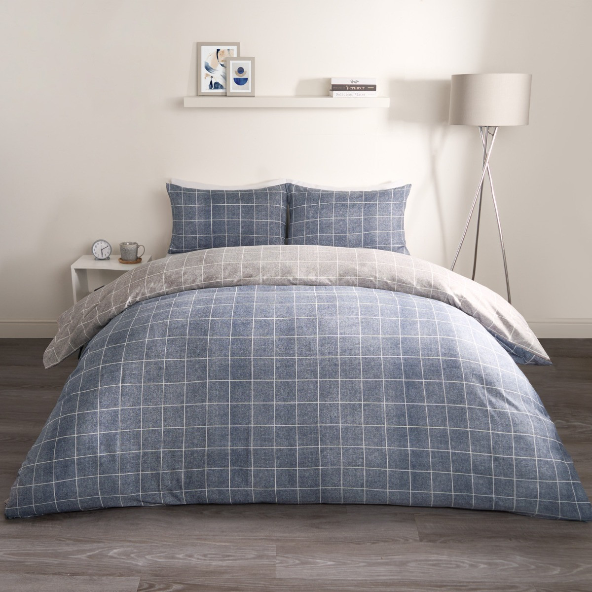OHS Fine Line Check Reversible Duvet Set, Navy/Grey - Double>
