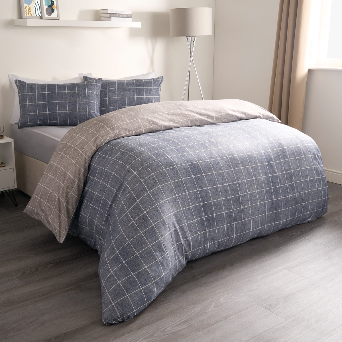 OHS Fine Line Check Reversible Duvet Set, Navy/Grey - Double>