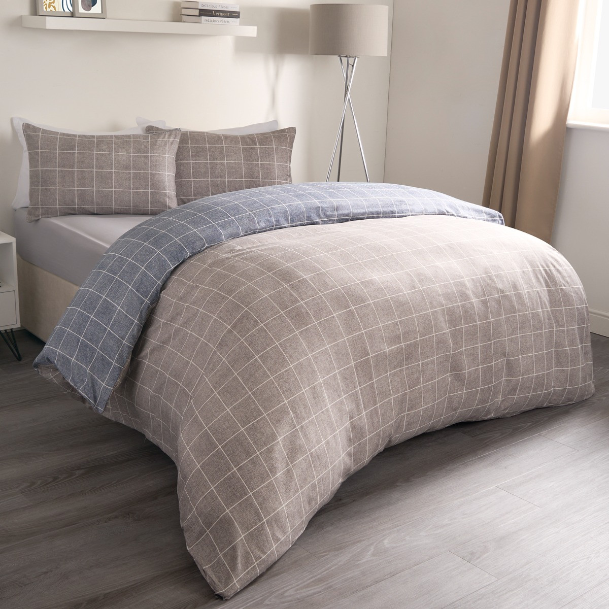 OHS Fine Line Check Reversible Duvet Set, Navy/Grey - Double>