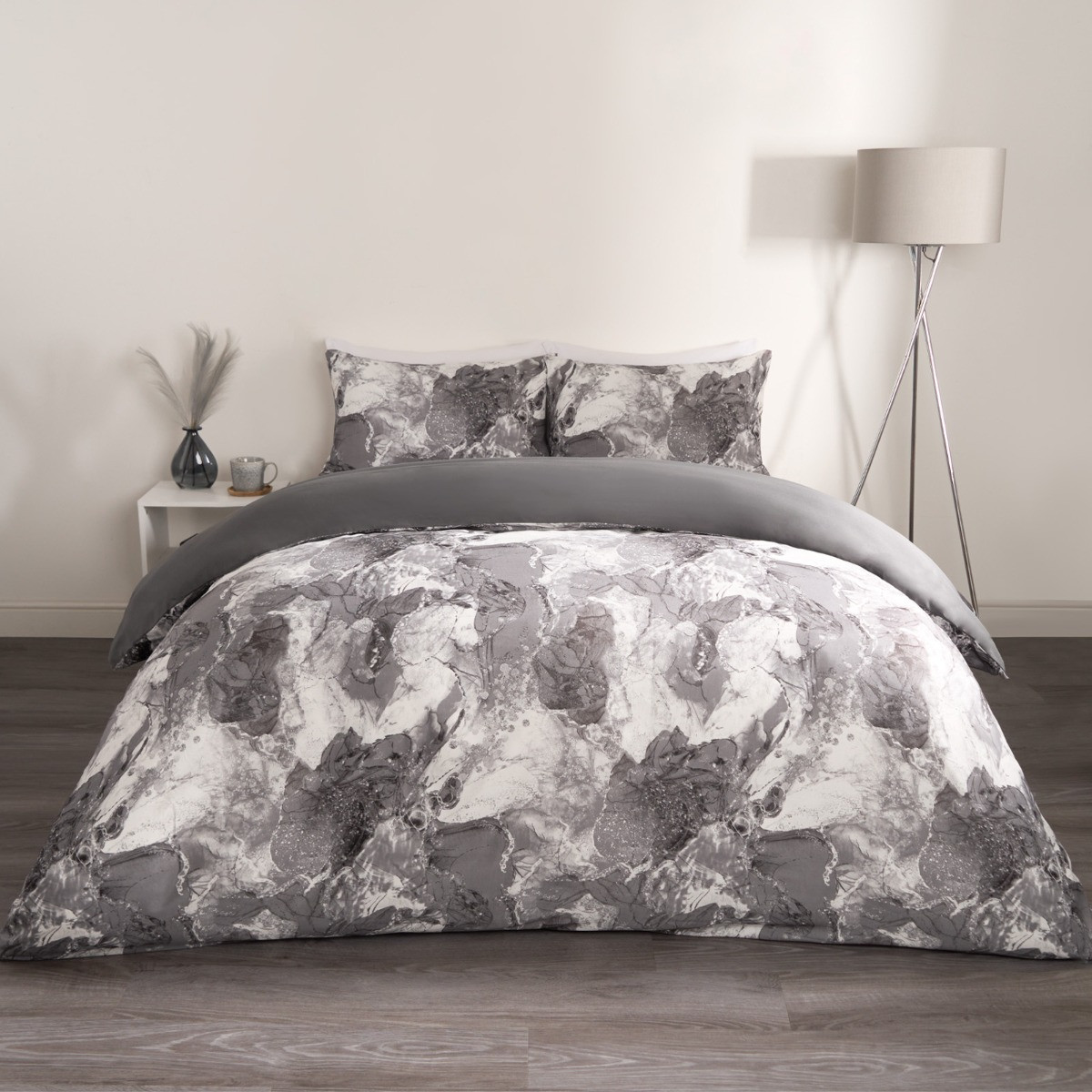 OHS Marble Print Duvet Set, Grey/White - King>