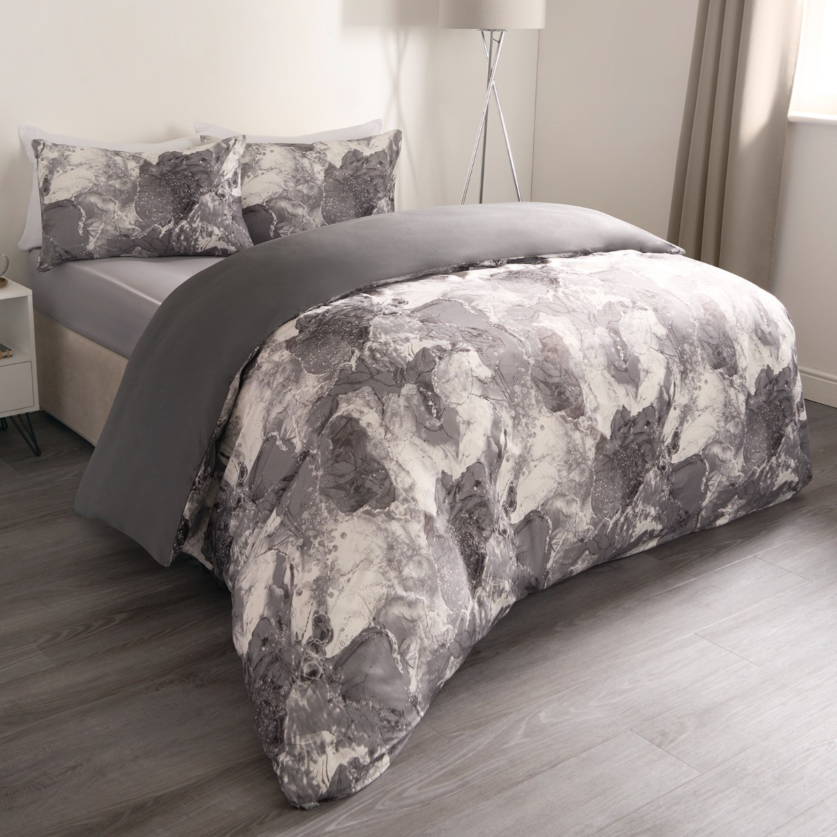 OHS Marble Print Duvet Set, Grey/White - Double>
