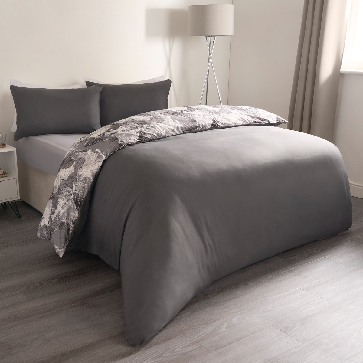 OHS Marble Print Duvet Set, Grey/White - Double>