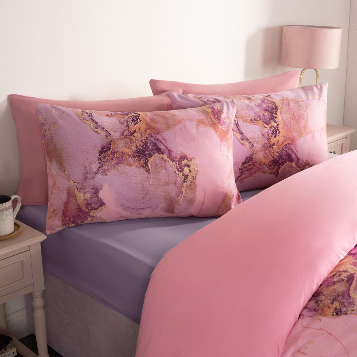 OHS Marble Print Duvet Set, Blush Pink - King>