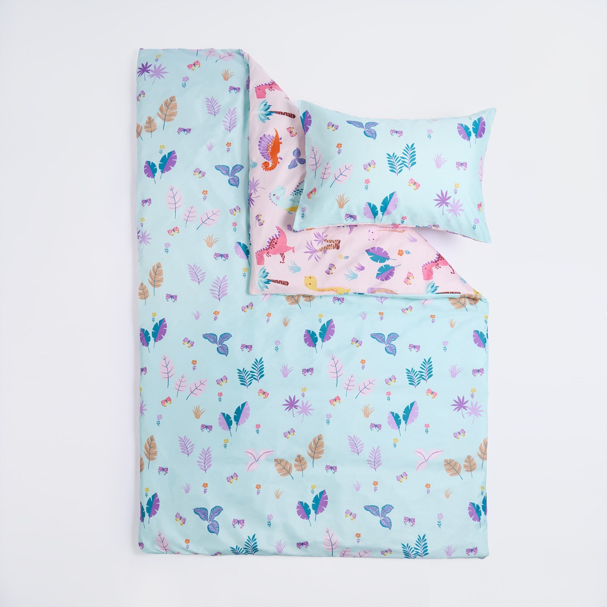 OHS Kids Dinosaur Print Reversible Duvet Cover Set - Pink/Blue>