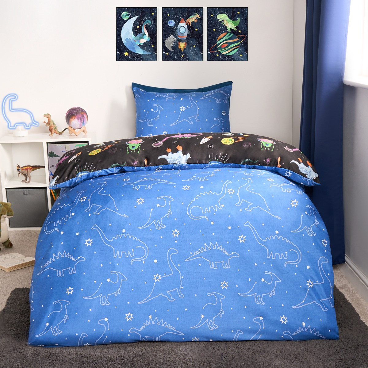 OHS Kids Space Dinosaur Print Reversible Duvet Cover Set, Black/Blue - Double>