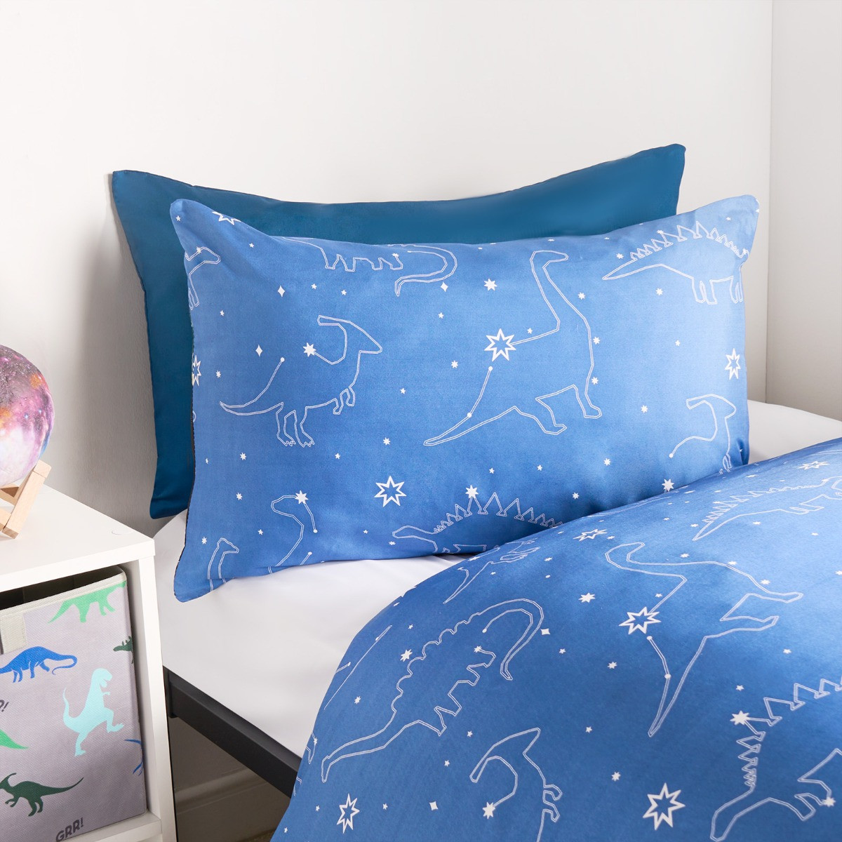 OHS Kids Space Dinosaur Print Reversible Duvet Cover Set, Black/Blue - Double>
