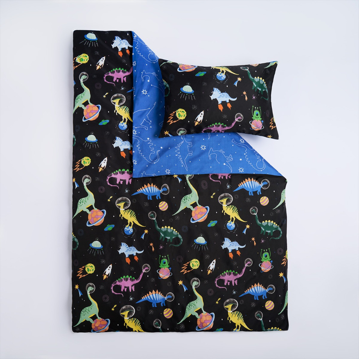 OHS Kids Space Dinosaur Print Reversible Duvet Cover Set, Black/Blue - Double>