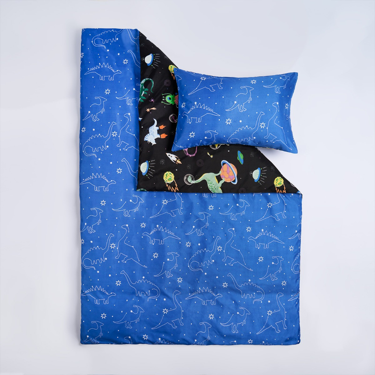 OHS Kids Space Dinosaur Print Reversible Duvet Cover Set, Black/Blue - Junior>