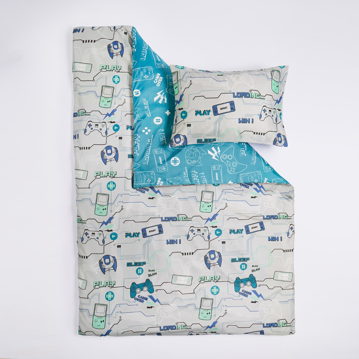 OHS Kids Gaming Console Print Reversible Duvet Cover Set, Grey/Blue - Double>