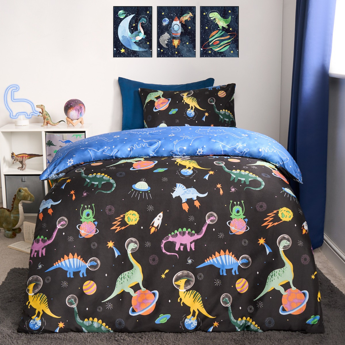 OHS Kids Space Dinosaur Print Reversible Duvet Cover Set, Black/Blue - Double>