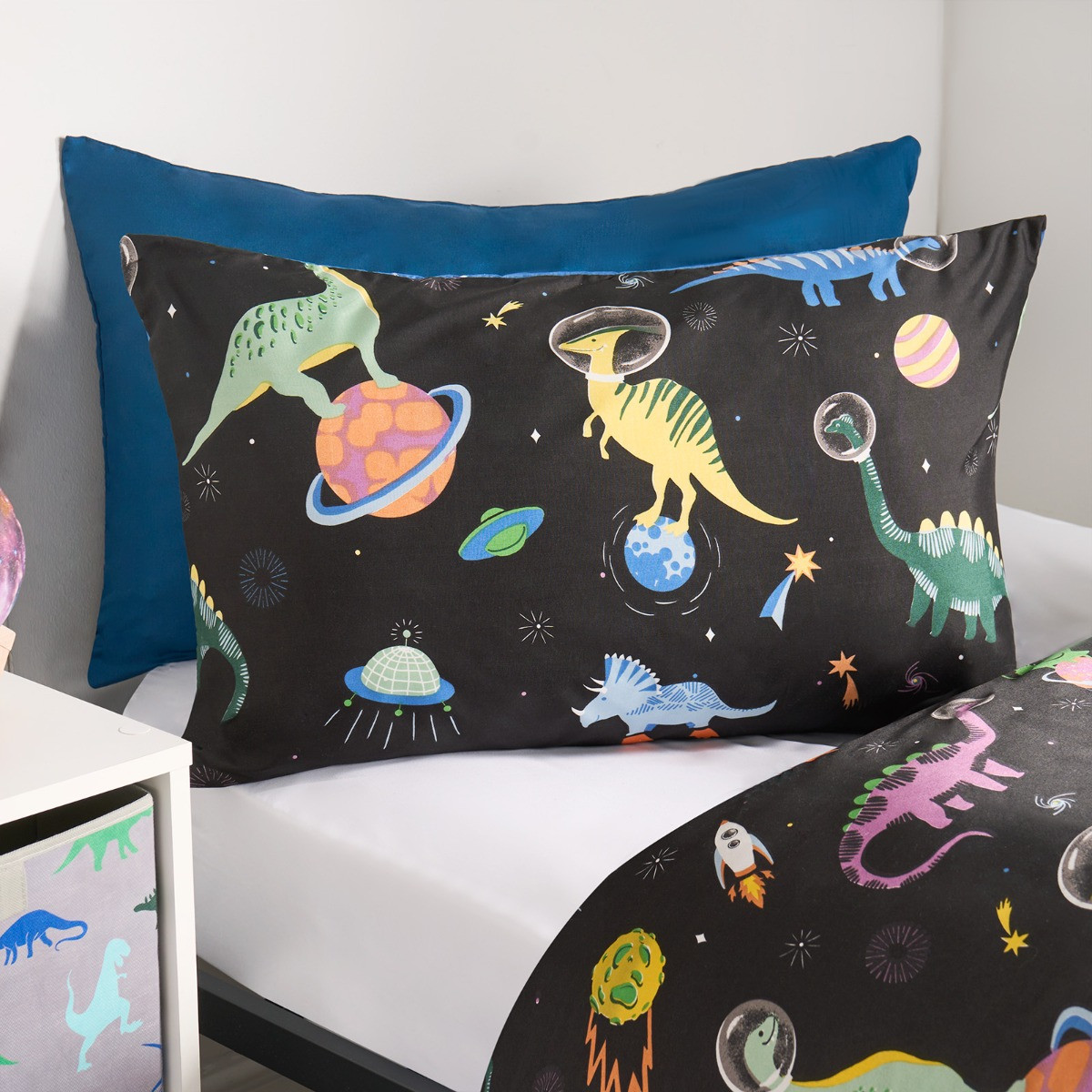 OHS Kids Space Dinosaur Print Reversible Duvet Cover Set, Black/Blue - Double>