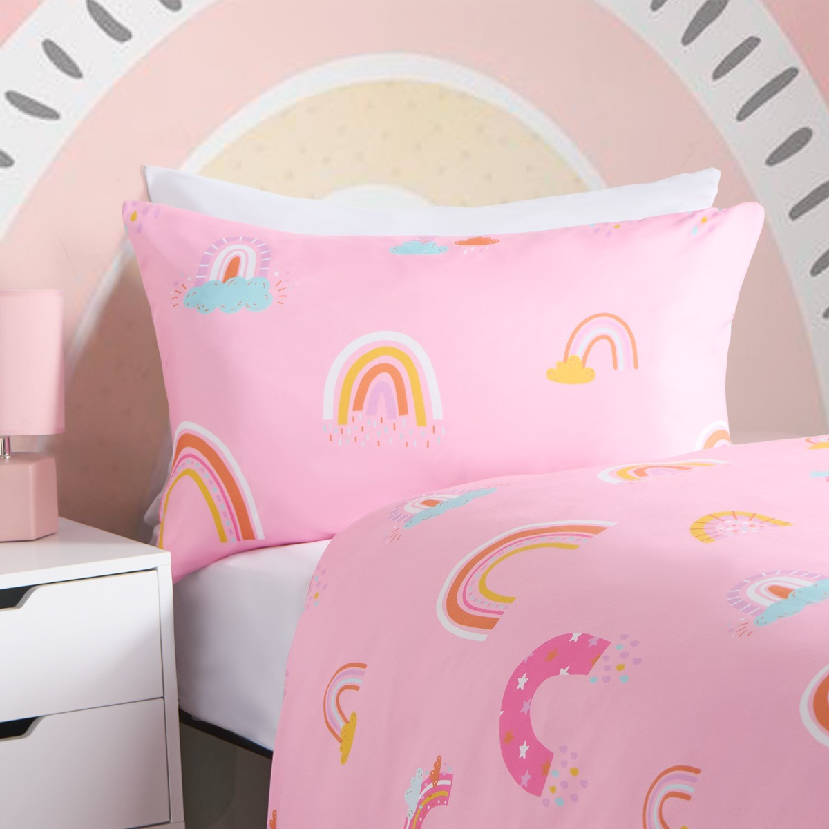OHS Bright Rainbow Duvet Cover Set, Pink - Single >