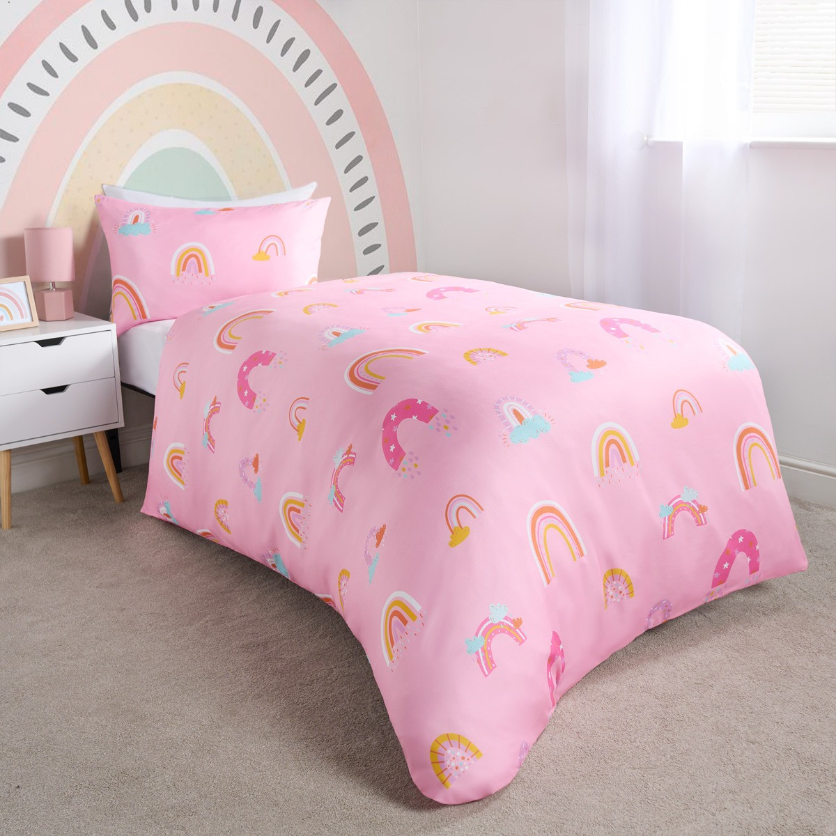OHS Bright Rainbow Duvet Cover Set, Pink - Single >