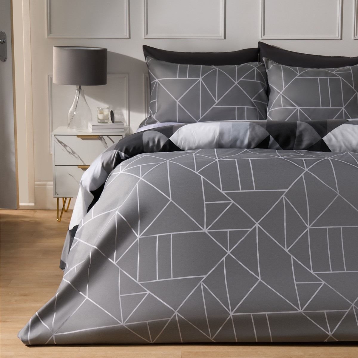 OHS Mason Retro Geometric Reversible Duvet Cover Set, Monochrome - Single >